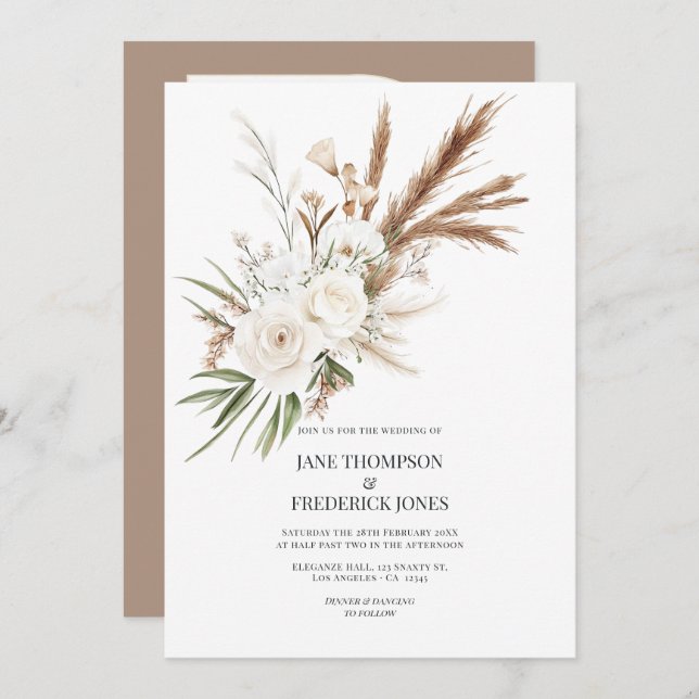 Boho Bohemian Dried Floral Photo & QR Code Wedding Invitation (Front/Back)