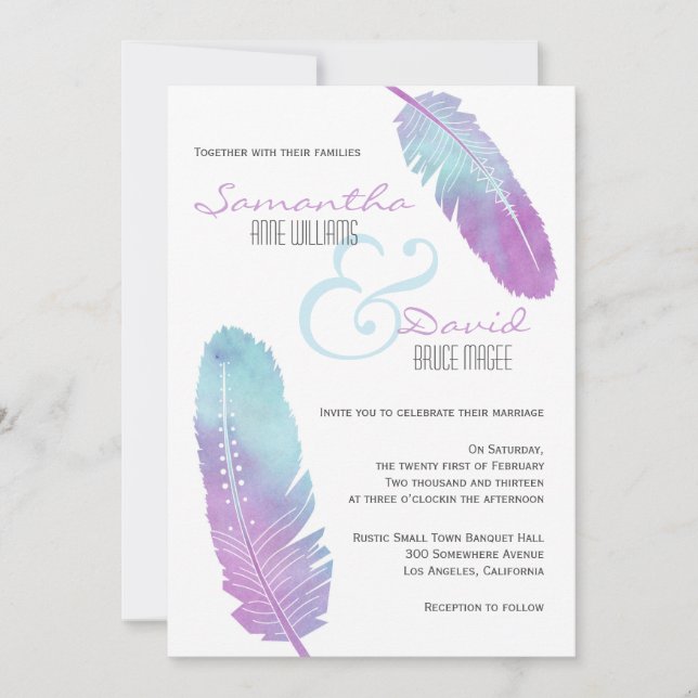 Boho Bohemian Feather Wedding Purple and Blue Invitation (Front)