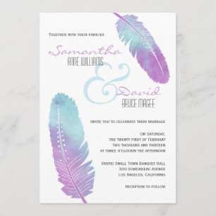 Boho Bohemian Feather Wedding Purple and Blue Invitation