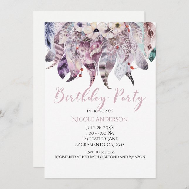 Boho Bohemian Feathers Birthday Party Invitations (Front/Back)