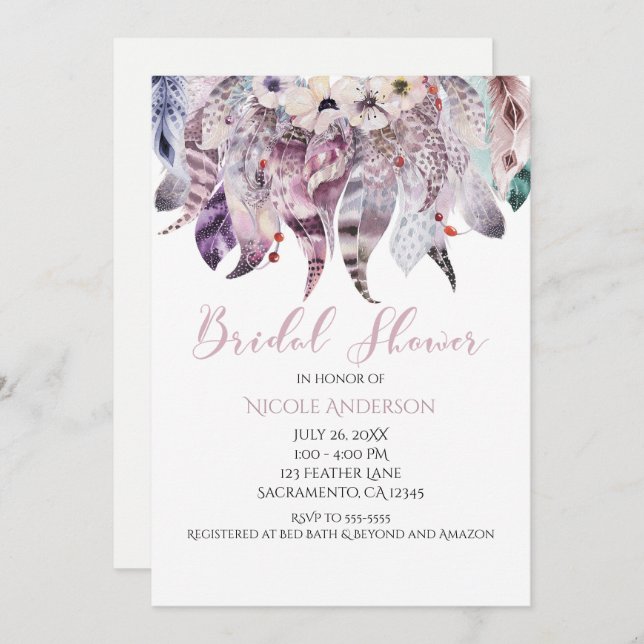 Boho Bohemian Feathers Bridal Shower Invitations (Front/Back)