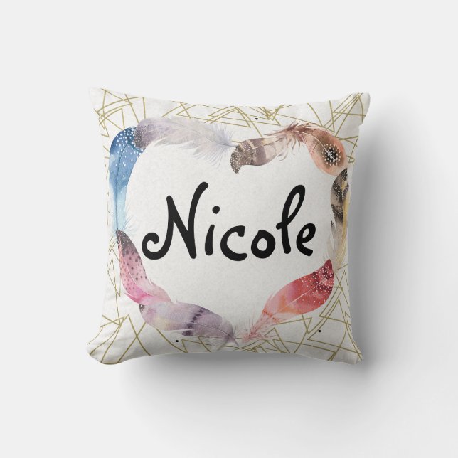Boho Bohemian Feathers Heart Gold Geometric Modern Cushion (Front)