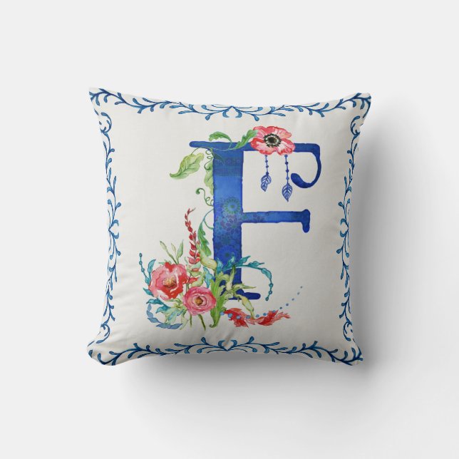BOHO Bohemian Floral Monogram F Feathers Anemones Cushion (Front)