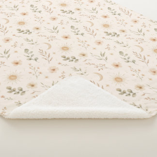 Boho Bohemian Floral Suns Moons Botanical Neutral Sherpa Blanket