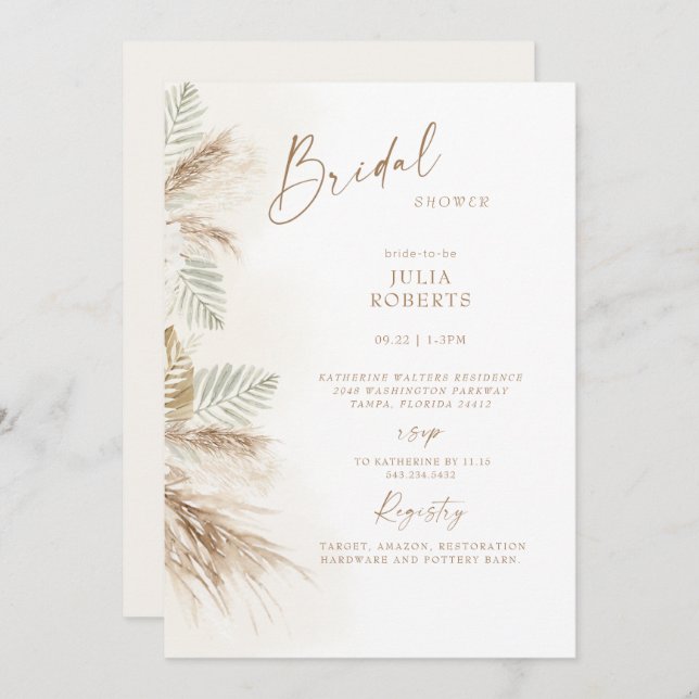 Boho Bohemian Pampas Grass Beige Bridal Shower Invitation (Front/Back)
