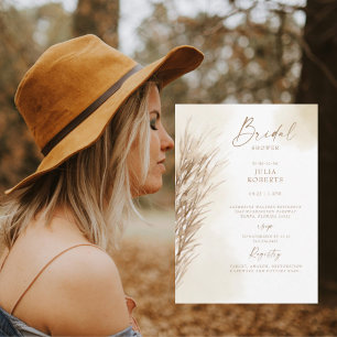 Boho Bohemian Pampas Grass Cream Bridal Shower Invitation