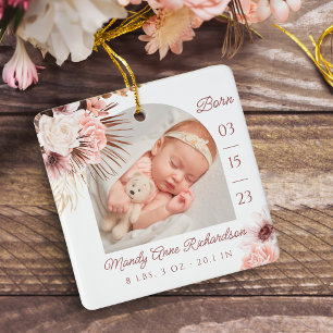 Boho Bohemian Pink Floral Baby Birth Stats Photo Ceramic Ornament