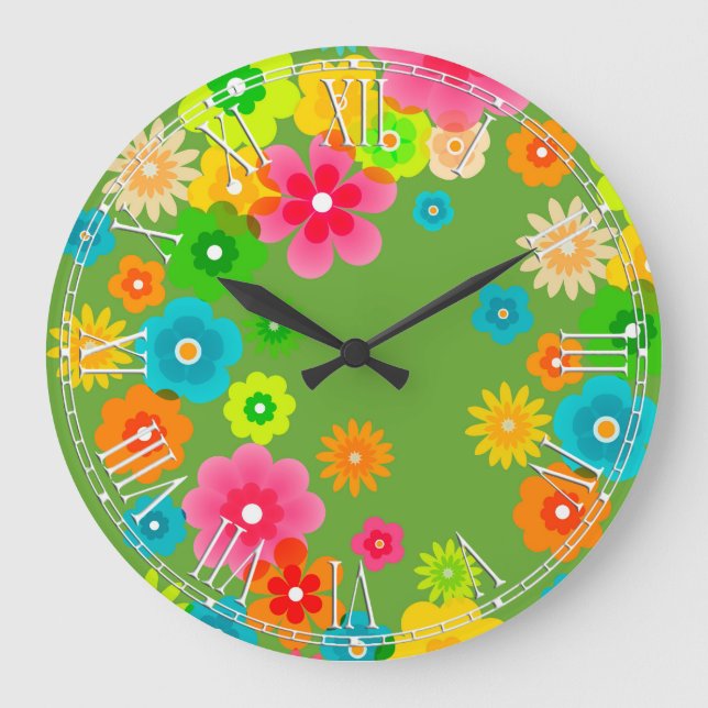 Boho Bohemian Retro Colourful Floral Flowers Large Clock (Front)