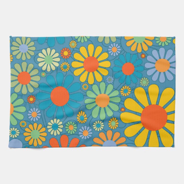Boho Bohemian Retro Colourful Floral Flowers Tea Towel (Horizontal)