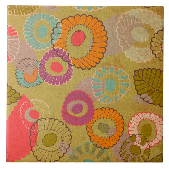 Boho Bohemian Retro Colourful Floral Flowers Tile (Front)