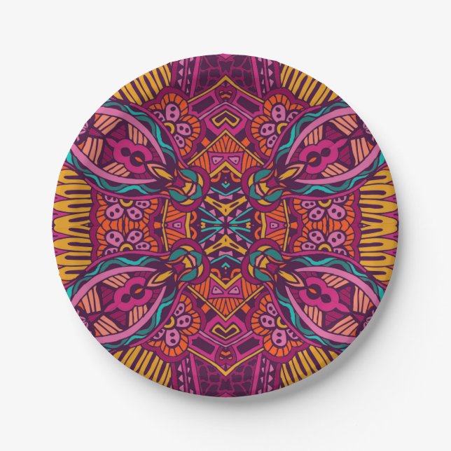 Boho Bohemian Retro Colourful Pattern Paper Plate (Front)