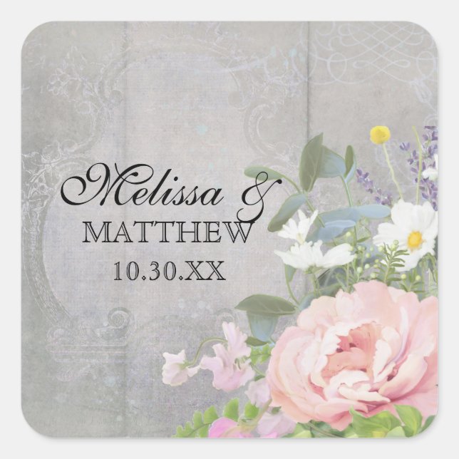 BOHO Bohemian Rustic Floral Pink Peony Eucalyptus Square Sticker (Front)