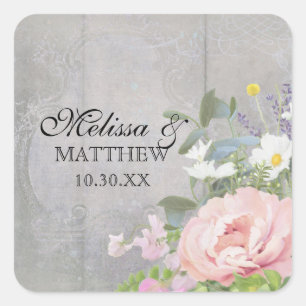 BOHO Bohemian Rustic Floral Pink Peony Eucalyptus Square Sticker