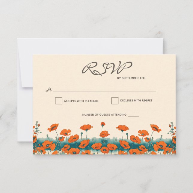 Boho Bohemian Rustic Floral Poppies Wedding RSVP Card (Front)