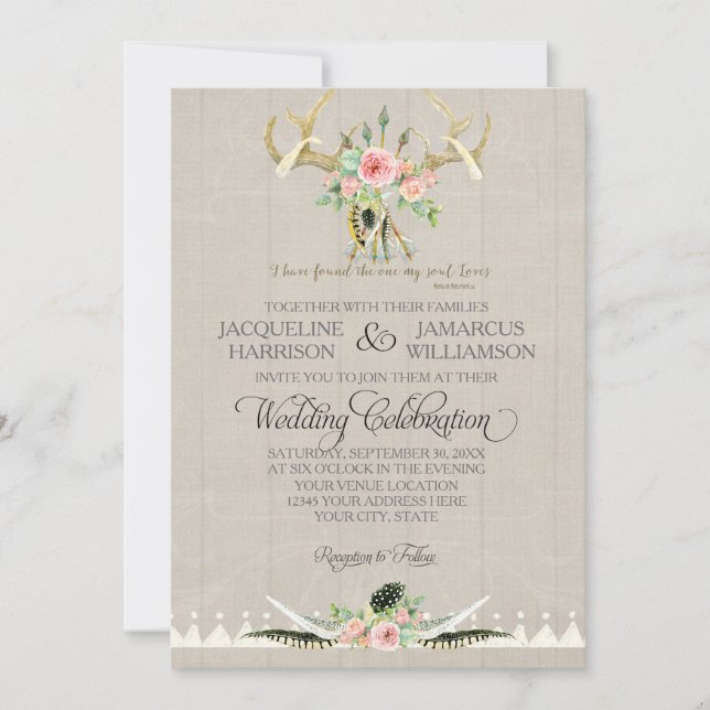 BOHO Bohemian Tribal Deer Antler Feathers Rose Art Invitation (Front)