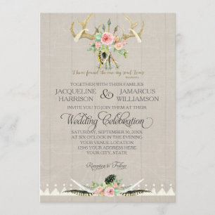 BOHO Bohemian Tribal Deer Antler Feathers Rose Art Invitation