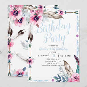 Boho Bohemian Tribal Floral Watercolor Birthday Invitation