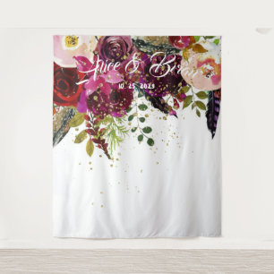 Boho Bold Burgundy Floral Wedding Backdrop Tapestry
