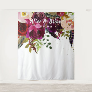 Boho Bold Burgundy Floral Wedding Backdrop Tapestry