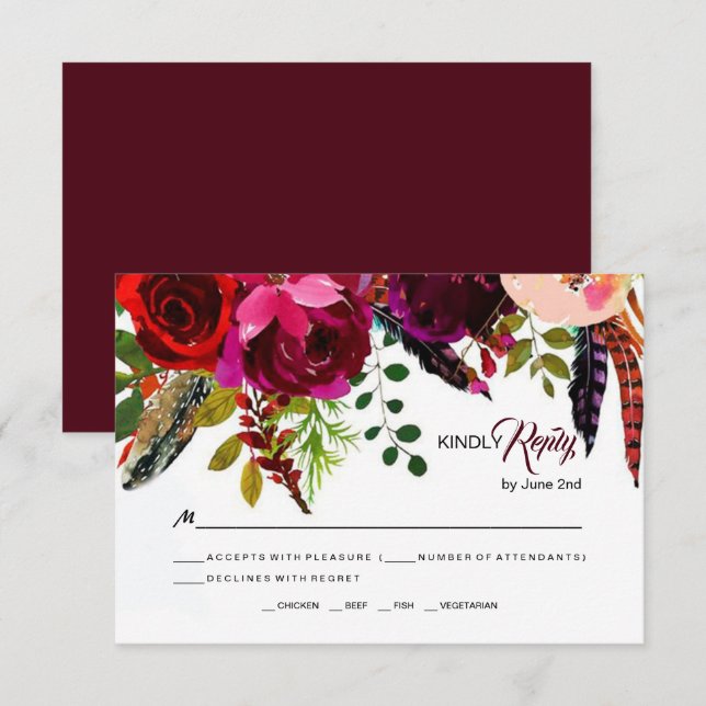 Boho Bold Burgundy Floral  Wedding RSVP (Front/Back)