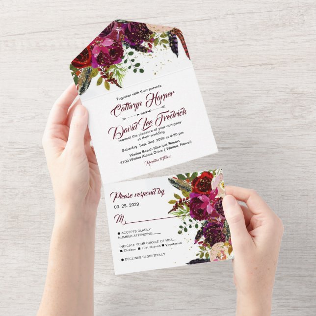 Boho Bold Burgundy & Gold Floral Wedding  All In One Invitation (Tearaway)