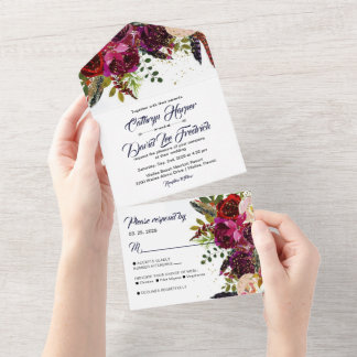 Boho Bold Burgundy Navy Floral Wedding All In One Invitation