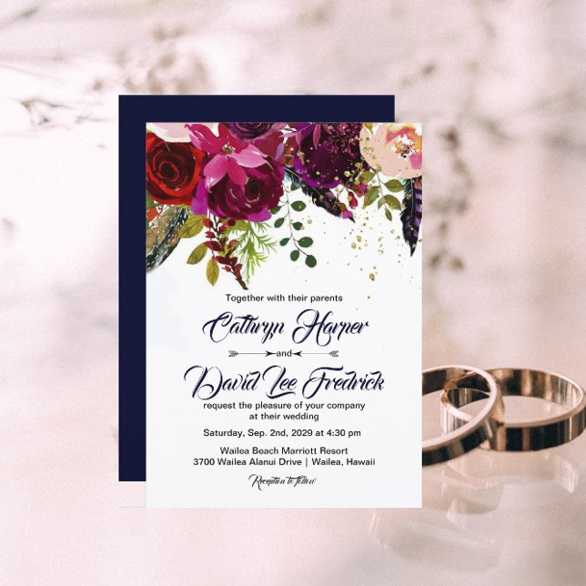 Boho Bold Burgundy Navy Floral Wedding Invitation (Creator Uploaded)