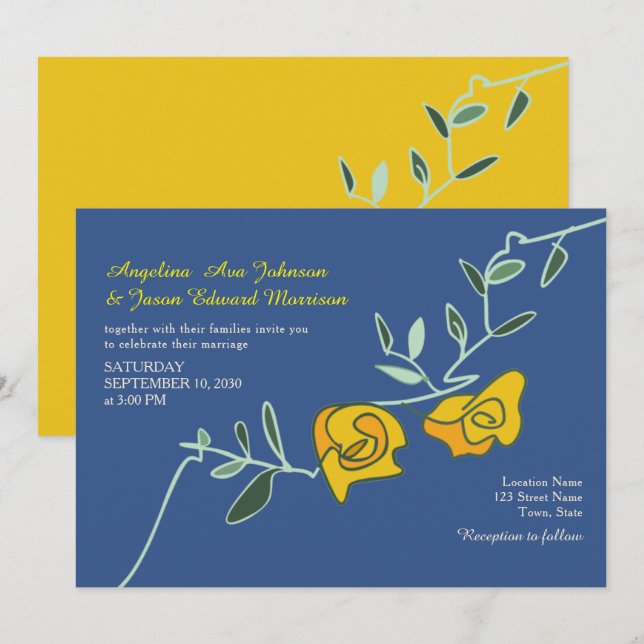 Boho Bold Floral Yellow Blue Wedding Invitation (Front/Back)