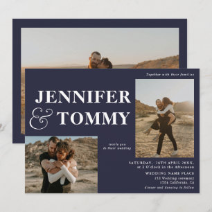 Boho bold names 3 photos wedding navy blue invitation
