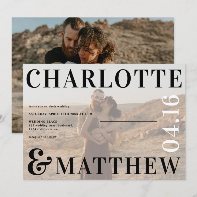 Boho bold names black white photo wedding photo invitation (Front/Back)