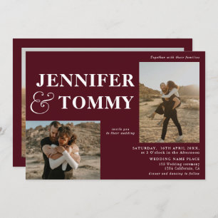 Boho bold names retro 3 photos wedding burgundy invitation