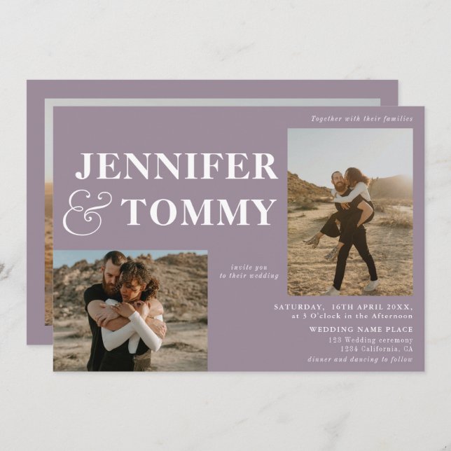 Boho bold names retro 3 photos wedding purple invitation (Front/Back)