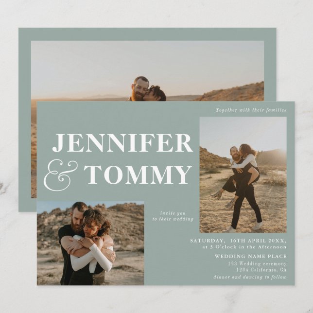 Boho bold names retro 3 photos wedding sage green invitation (Front/Back)