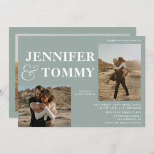 Boho bold names retro 3 photos wedding sage green invitation