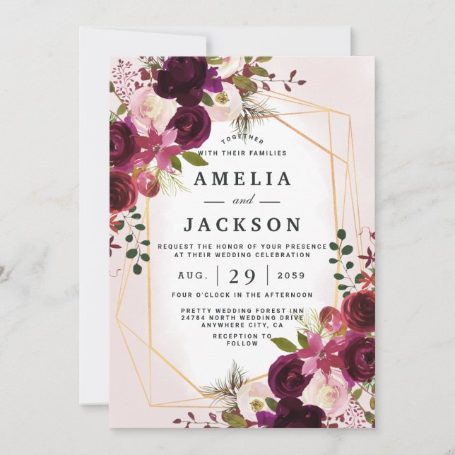 Boho Bordeaux Florals Geometric Invitation (Front)