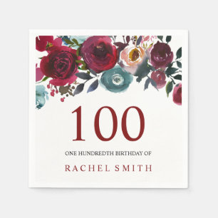 Boho Bordo Burgundy Red Flowers 100th Birthday Napkin