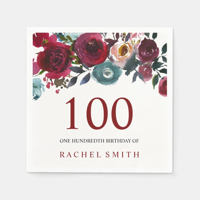 Boho Bordo Burgundy Red Flowers 100th Birthday Napkin (Front)