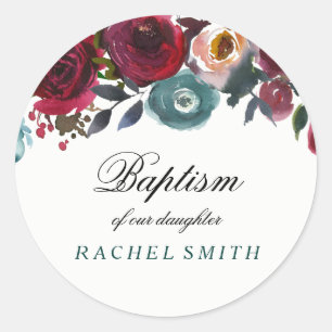 Boho Bordo Burgundy Red Flowers Baby Girl Baptism Classic Round Sticker