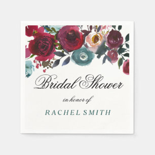Boho Bordo Burgundy Red Flowers Bridal Shower Napkin