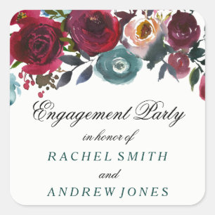 Boho Bordo Burgundy Red Flowers Engagement Party Square Sticker