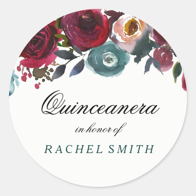 Boho Bordo Burgundy Red Flowers Quinceanera Classic Round Sticker (Front)