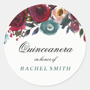 Boho Bordo Burgundy Red Flowers Quinceanera Classic Round Sticker