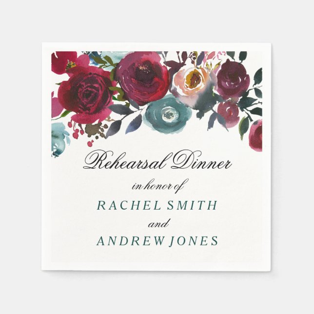 Boho Bordo Burgundy Red Flowers Rehearsal Dinner Napkin (Front)