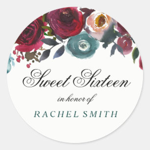 Boho Bordo Burgundy Red Flowers Sweet 16 Classic Round Sticker