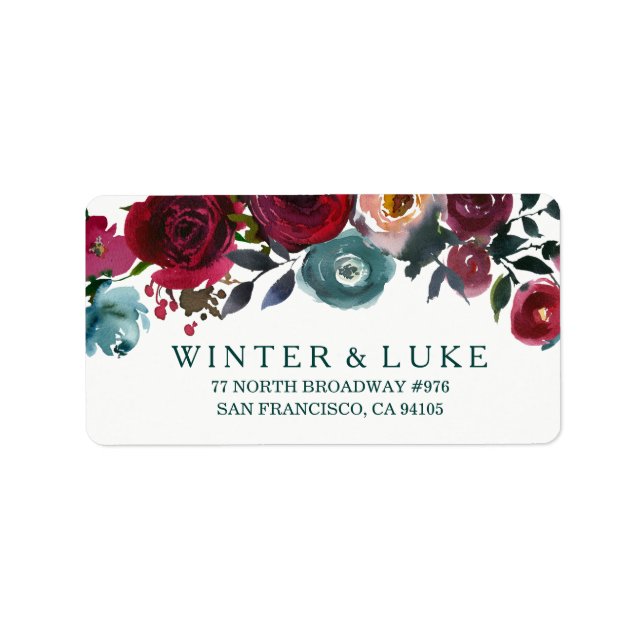 Boho Bordo Burgundy Red Flowers Wedding Address Label (Front)