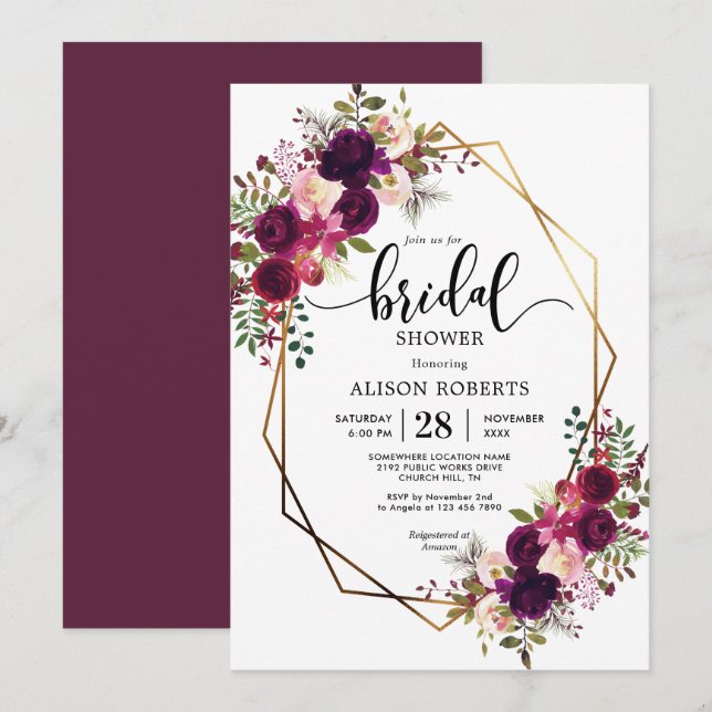 Boho bordo geometric wedding bridal shower invitation (Front/Back)
