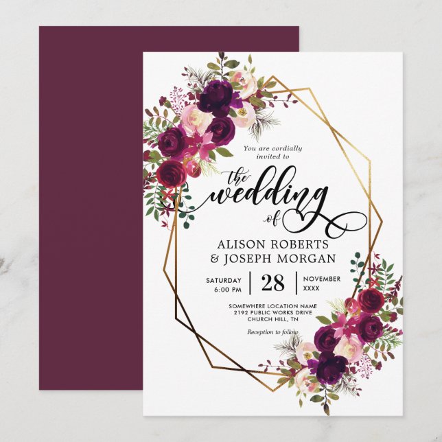 Boho bordo geometric wedding invitation (Front/Back)