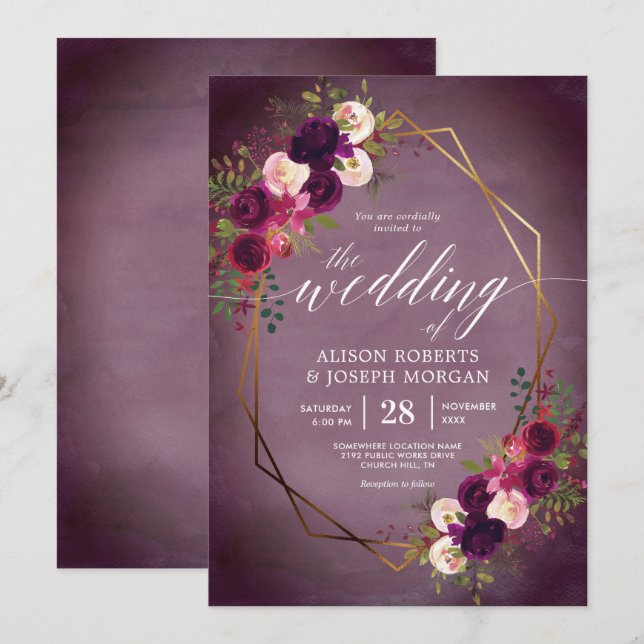 Boho bordo geometric wedding invitation (Front/Back)
