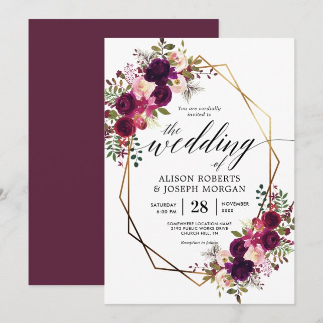 Boho bordo geometric wedding invitation (Front/Back)