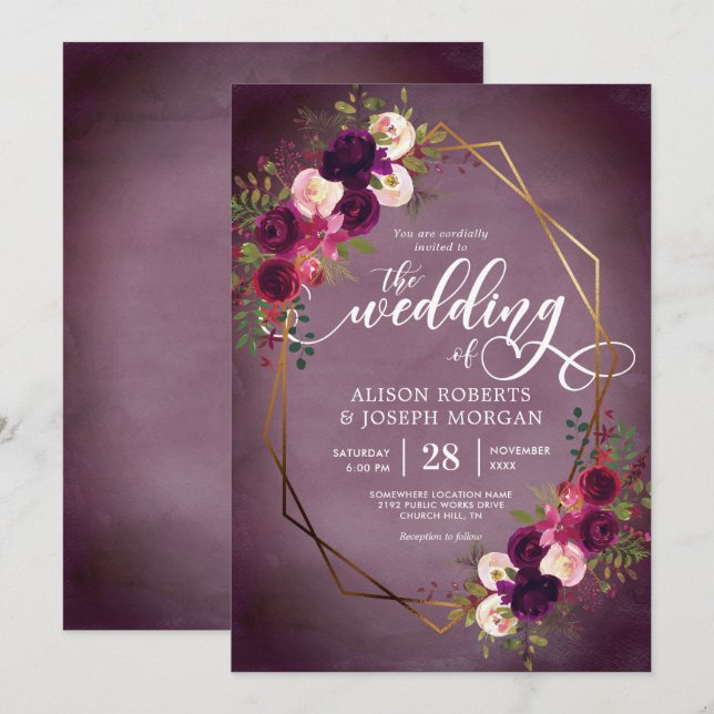 Boho bordo geometric wedding invitation (Front/Back)